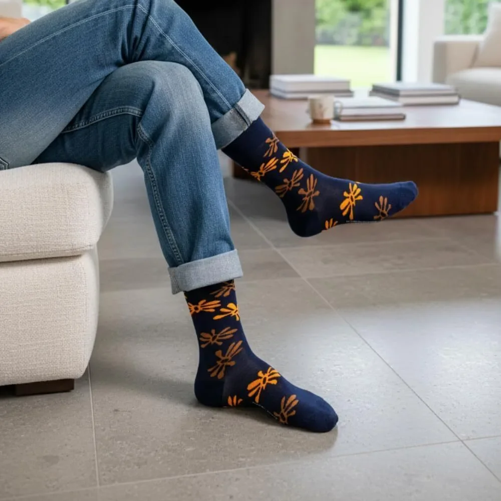 Love Sock Company Men's Navy/Orange Flower Socks 7-12 NWT